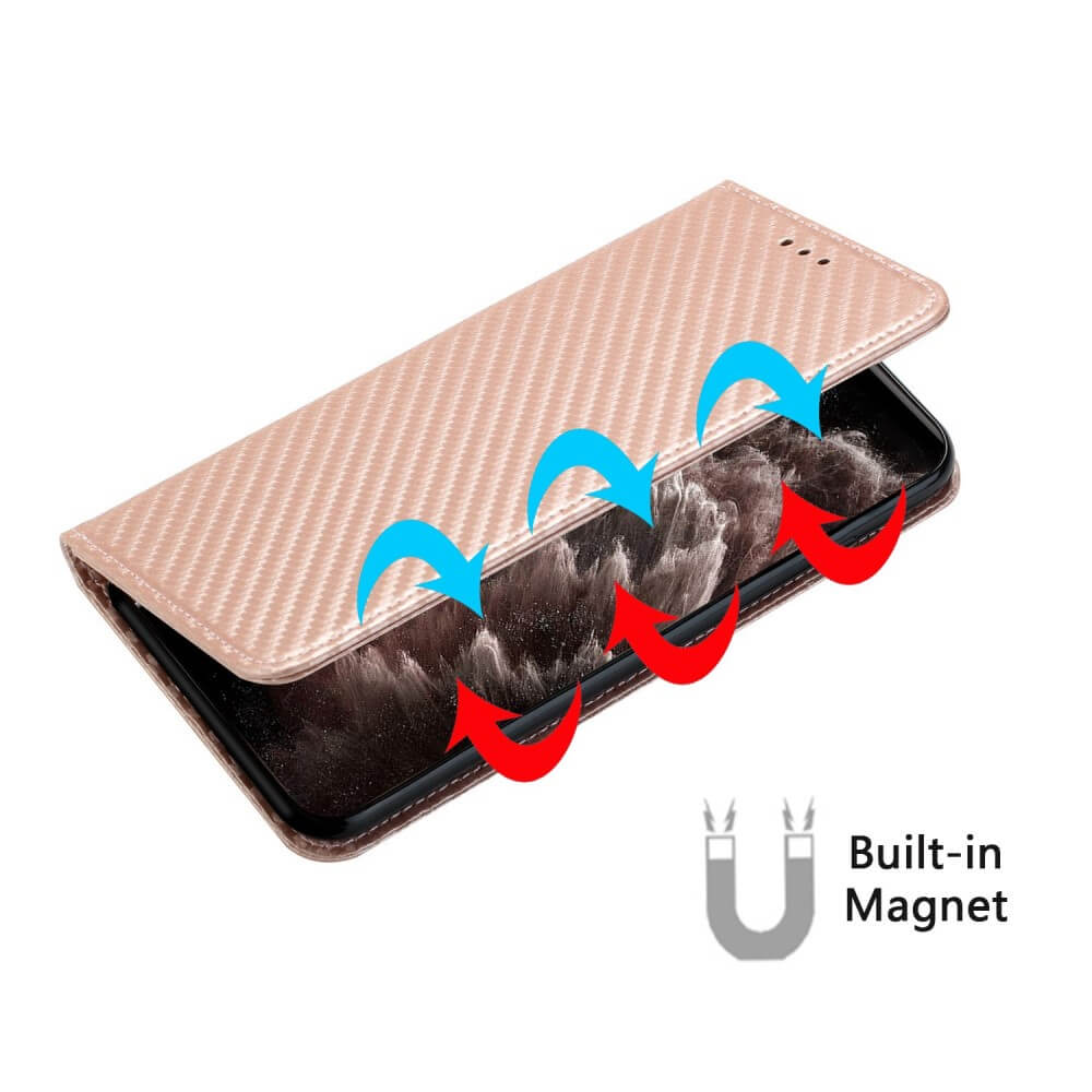Una custodia per telefono color oro rosa con chiusura magnetica, che mostra la circolazione dell'aria.