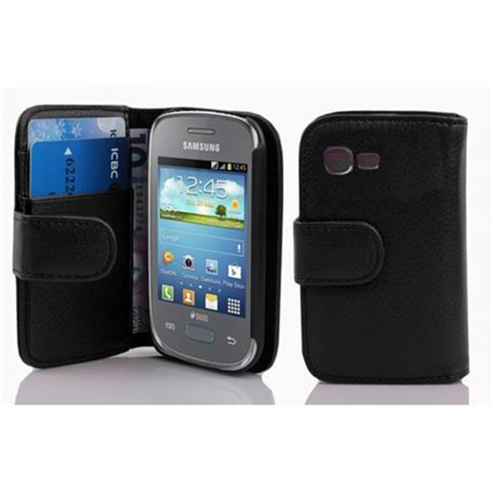 Una funda tipo cartera de cuero negro con smartphone abierto y tarjetas.
