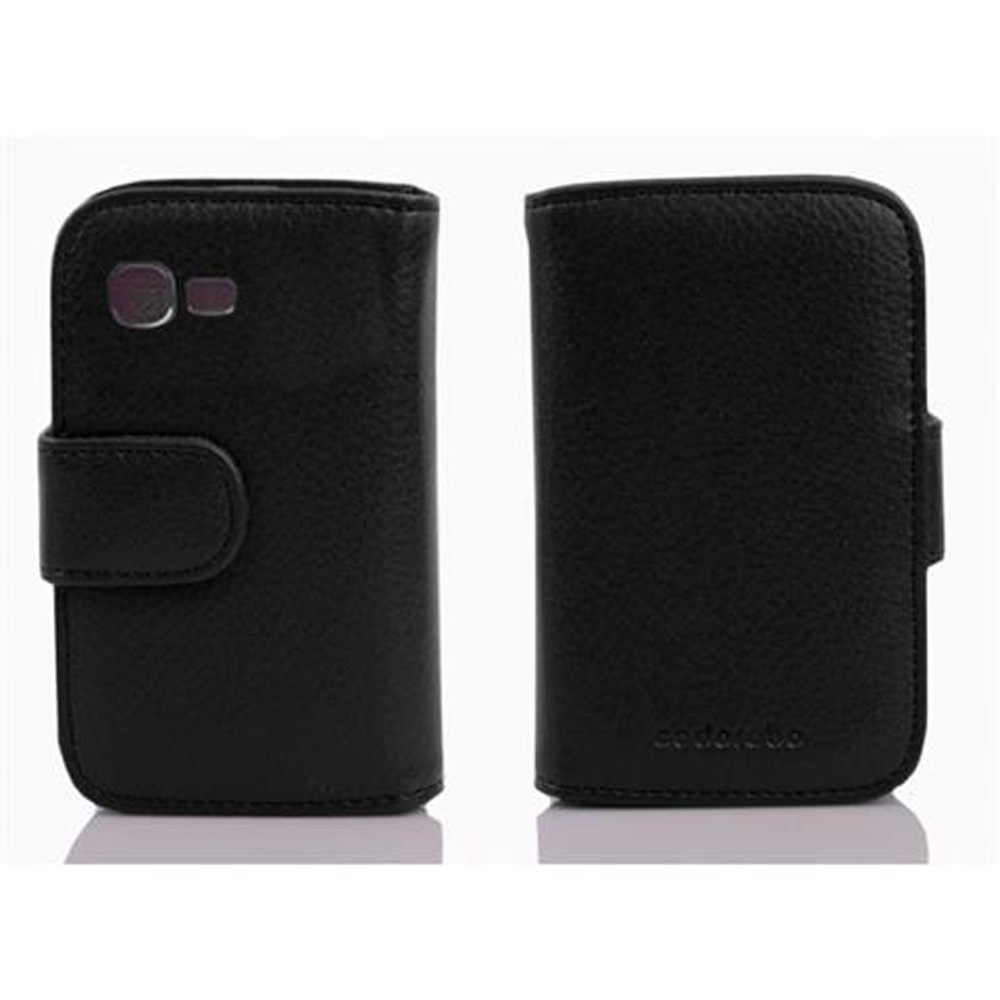 Funda de teléfono negra en vista abierta y cerrada.