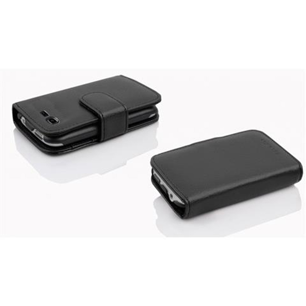 Dos fundas de teléfono de cuero negro, una abierta, una cerrada.
