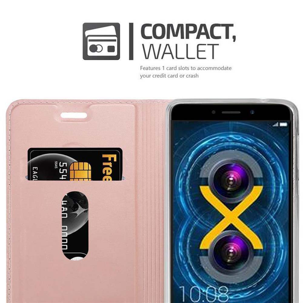 Ein rosa Wallet-Case mit einer Kreditkarte und einem Handy mit einem blauen Hintergrund.