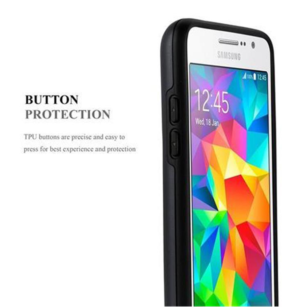 Teléfono Samsung negro con pantalla colorida y texto BOTÓN PROTECCIÓN.