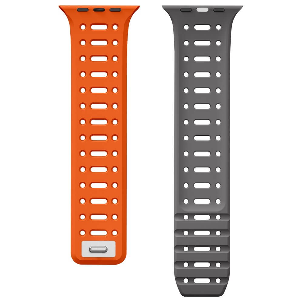Ein orangefarbenes und ein graues Armband mit Lüftungslöchern.