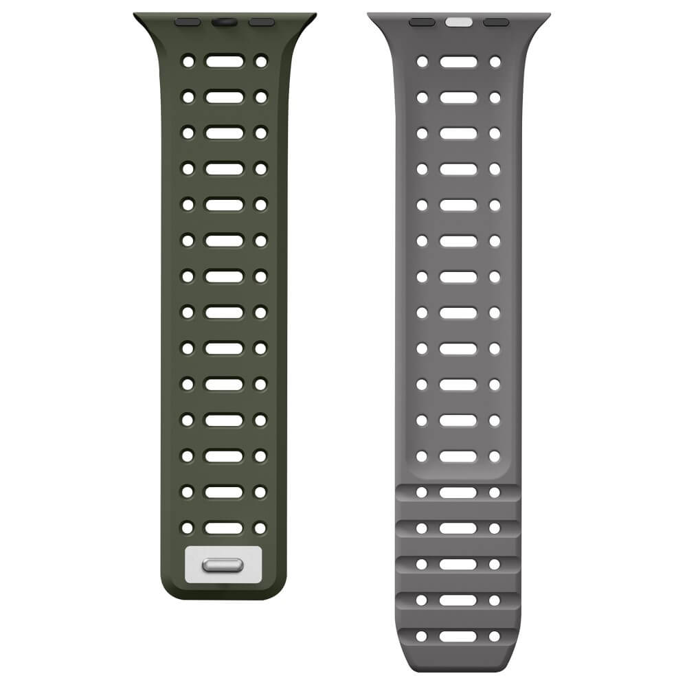 Zwei Uhrenarmbänder, eins dunkelgrün, eins grau, mit Lochmuster.