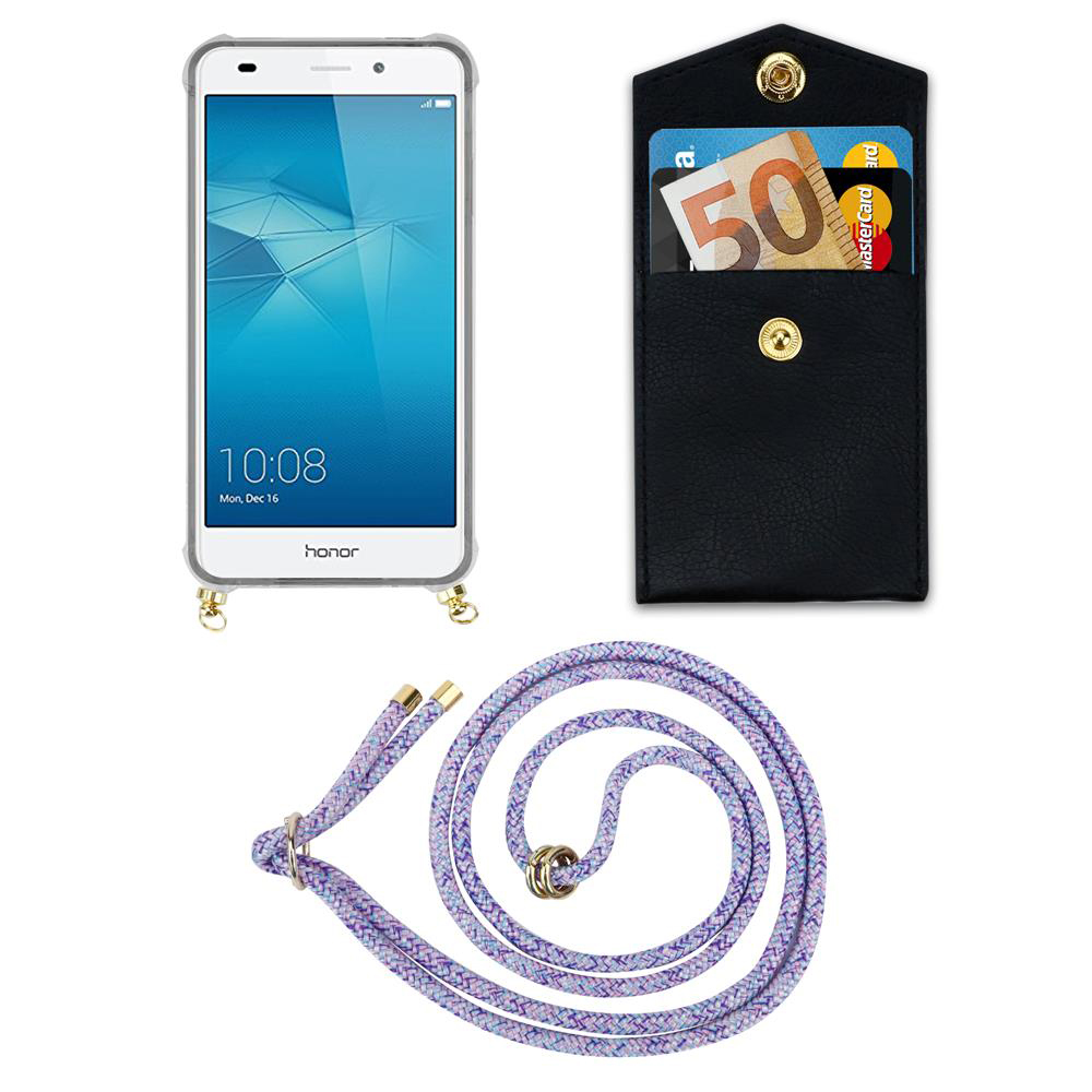 Ein Smartphone, eine schwarze Brieftasche mit Geld und Karten und eine lila Kordel.