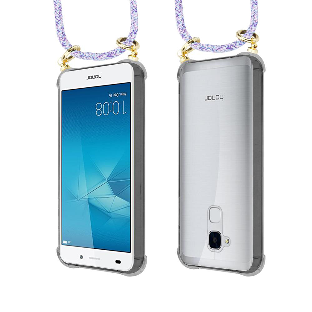 Honor Smartphone mit transparentem Case und Lanyard, Vorder- und Rückansicht.
