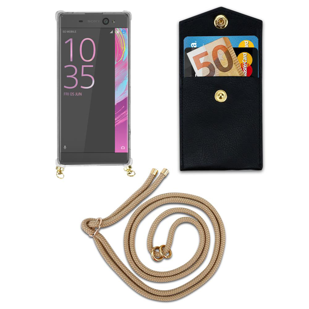 Smartphone mit schwarzer Tasche, 50-Euro-Schein und Karten, beige Kordel.