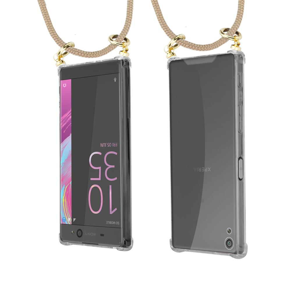 Zwei Sony Xperia Handys in Klarsicht Hüllen, mit beige Halsband. Eines zeigt 10:35.