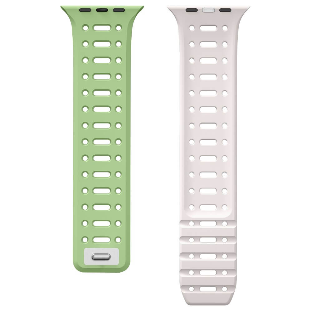 Due cinturini per orologio, uno verde chiaro traforato con fibbia argento, uno bianco traforato.