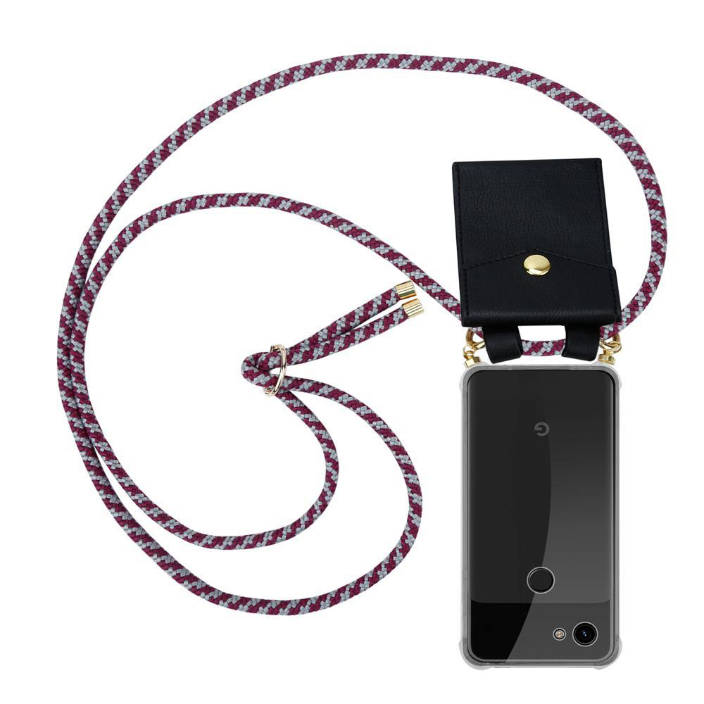 Ein schwarzes Smartphone mit einer Schnur und einer kleinen Tasche.