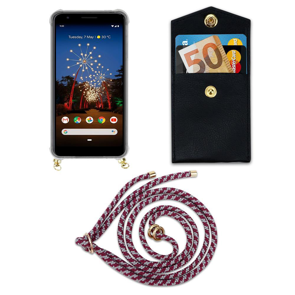 Ein Smartphone mit Kette, schwarze Tasche mit Geld und Karten, weiße Hintergrund