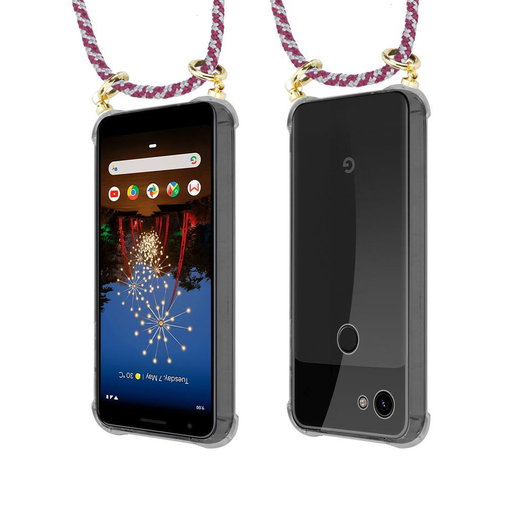 Zwei Smartphones nebeneinander, eines mit Display, das andere mit Rückseite, beide mit Trageband.