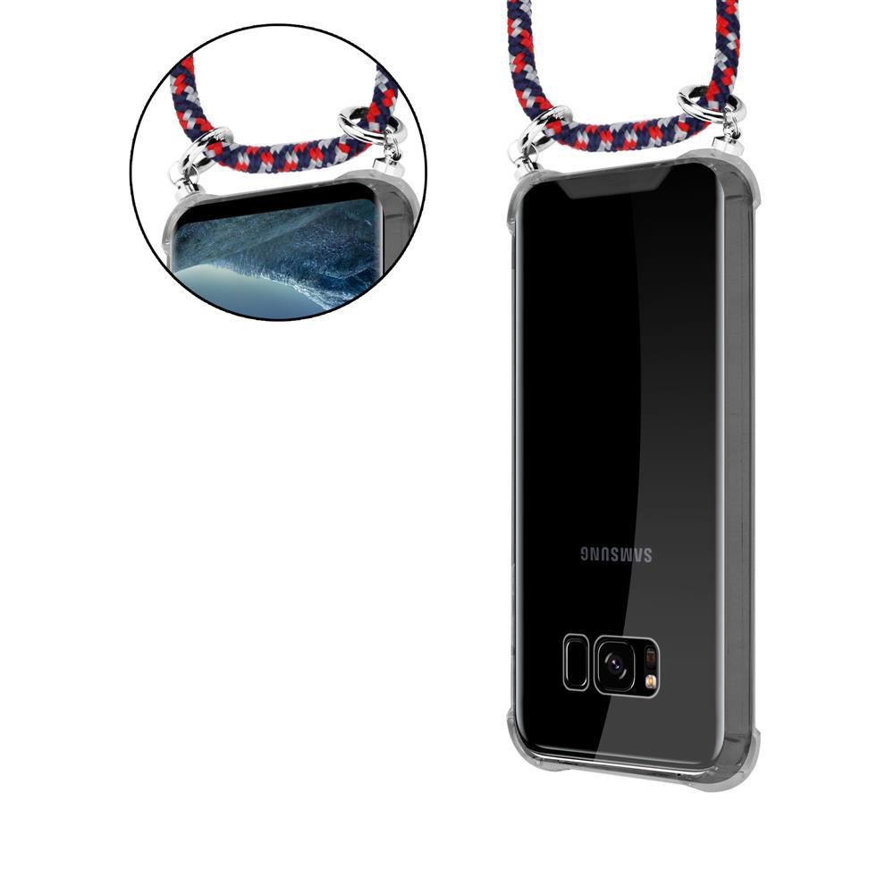 Ein schwarzes Samsung-Handy in einer durchsichtigen Hülle mit Lanyard.
