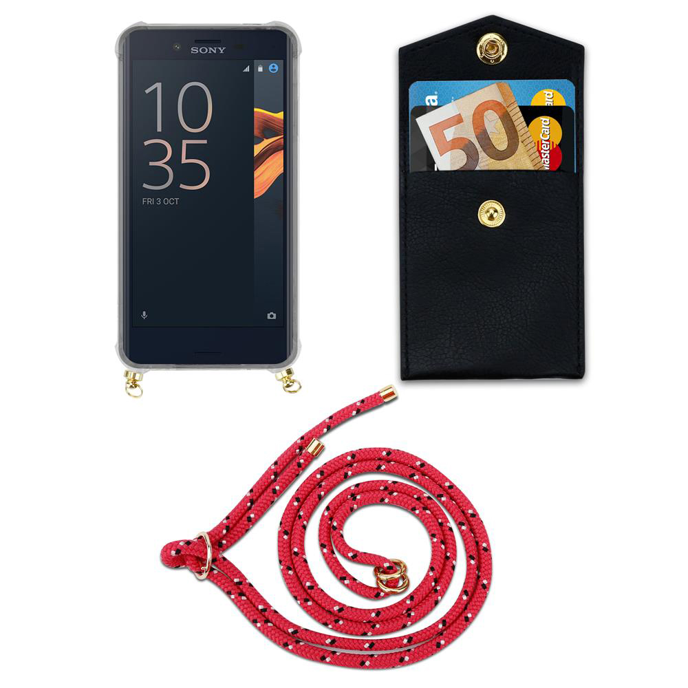 Smartphone Sony con tarjetero negro y cordón rojo sobre fondo blanco.