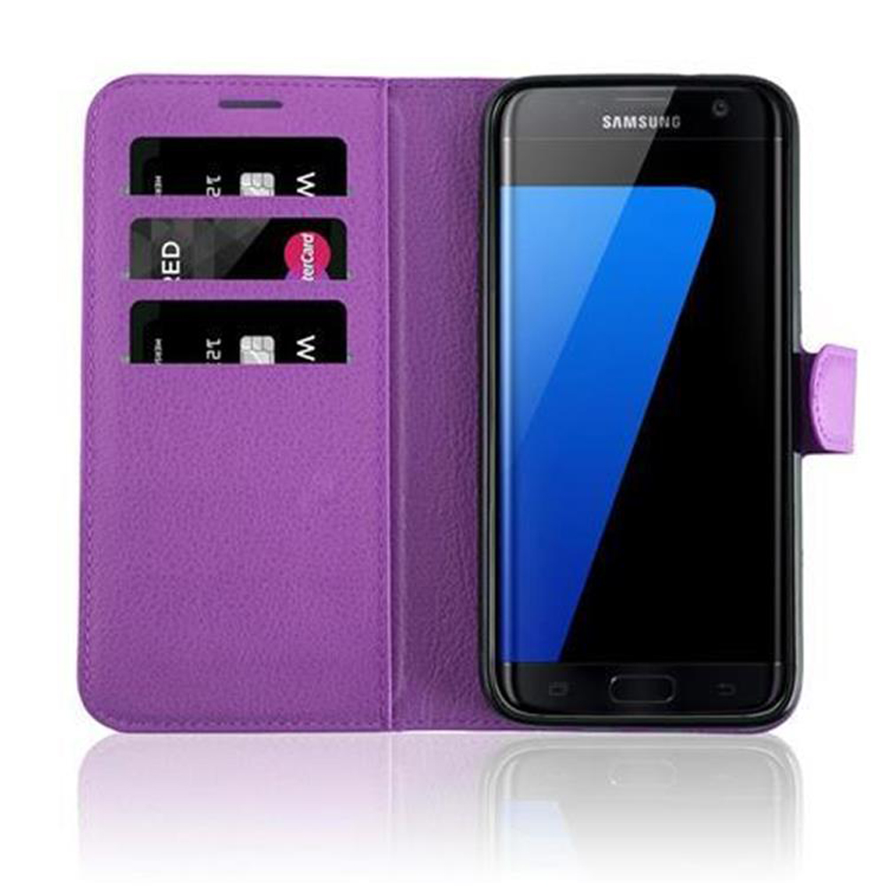 Custodia viola Samsung con slot per carte e telefono aperto.