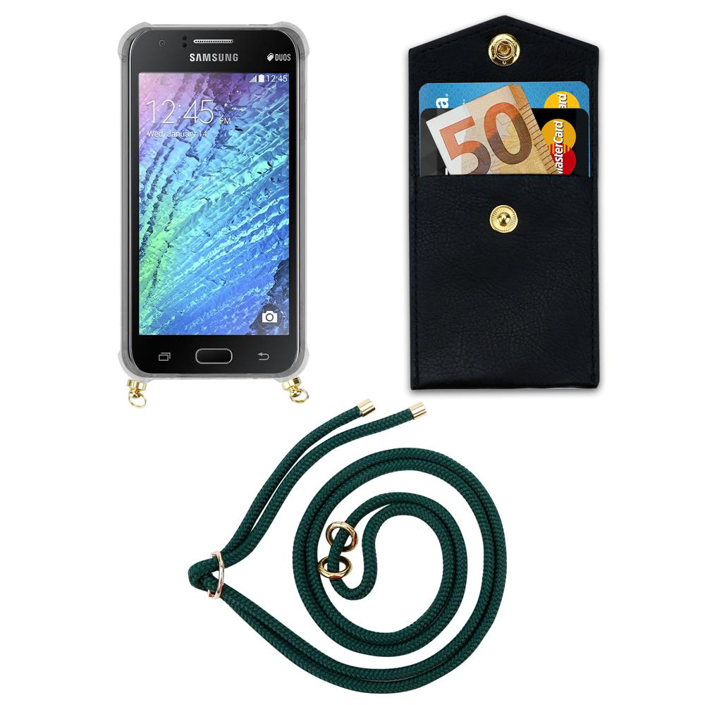 Uno smartphone Samsung, un portafoglio nero con banconota da 50 euro e carte, un cordoncino verde.