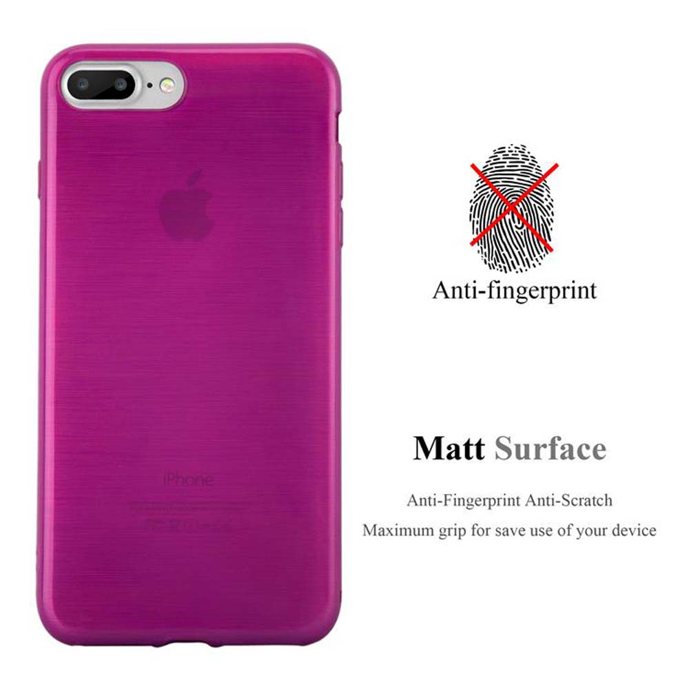 Funda morada para iPhone con superficie mate e icono anti-huellas.