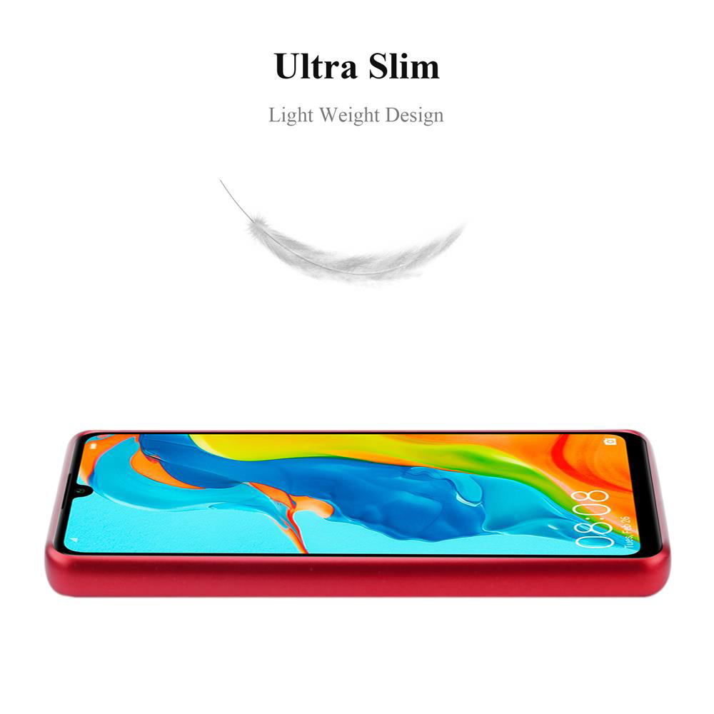 Uno smartphone rosso con uno sfondo colorato giace piatto su una superficie bianca.