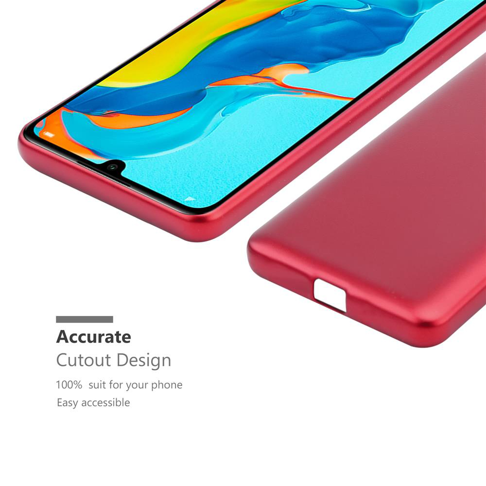 Custodia rossa per telefono accanto a uno smartphone con sfondo blu.