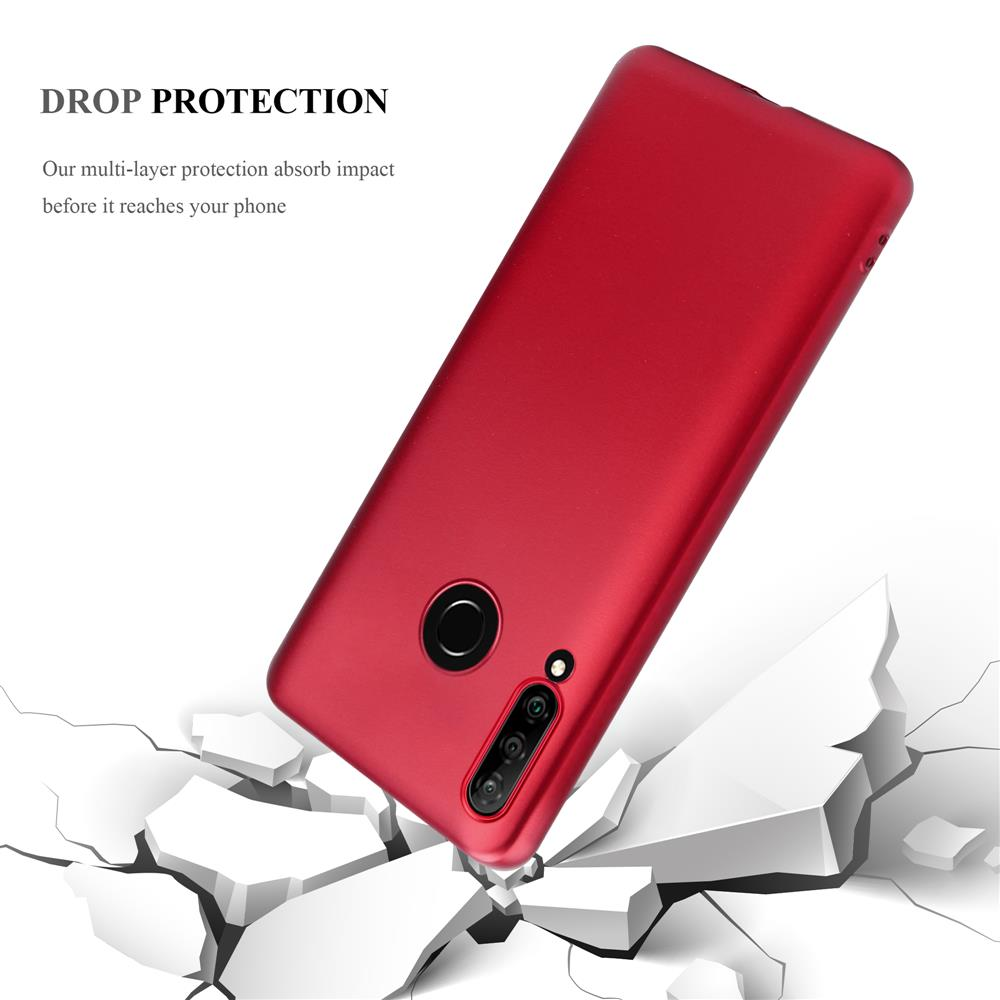 Cover rossa per telefono che rompe una superficie bianca incrinata. Design protettivo.