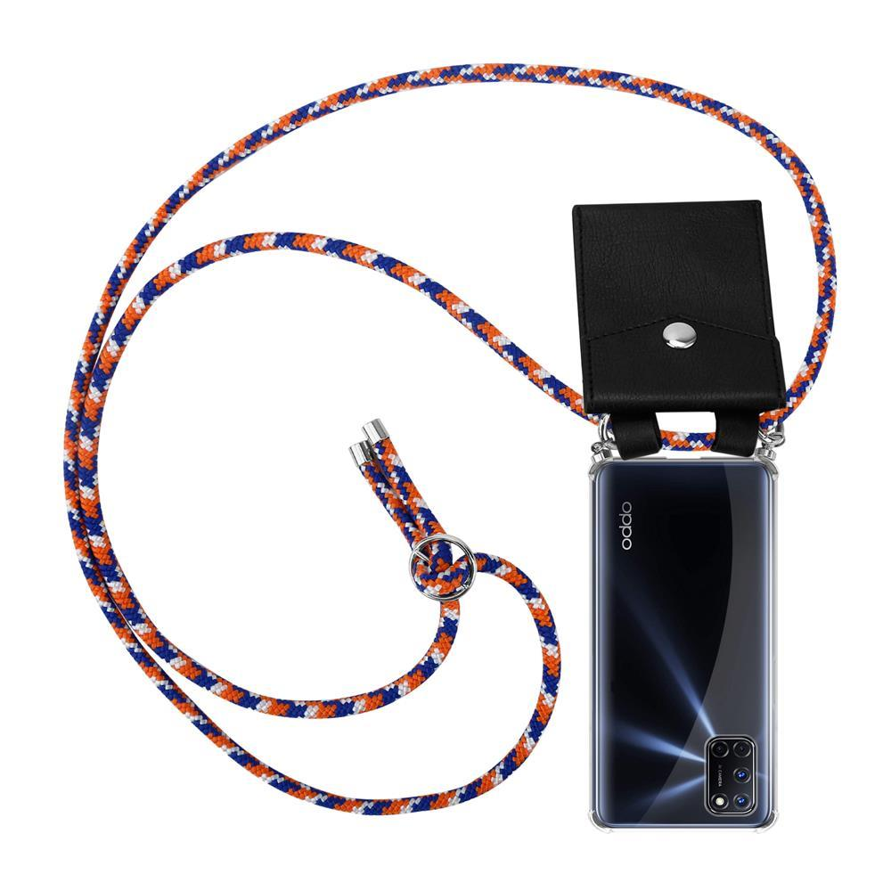 Schwarzes Handy mit blau-orangefarbener Kordel und schwarzem Lederanhänger.