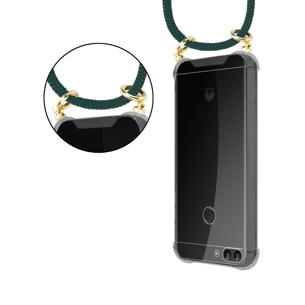 Uno smartphone nero in una custodia trasparente con un laccetto verde.