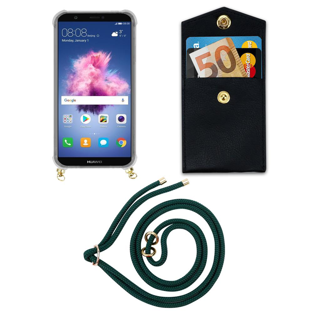 Uno smartphone, un porta carte nero con banconota e carte, e un cordino verde.