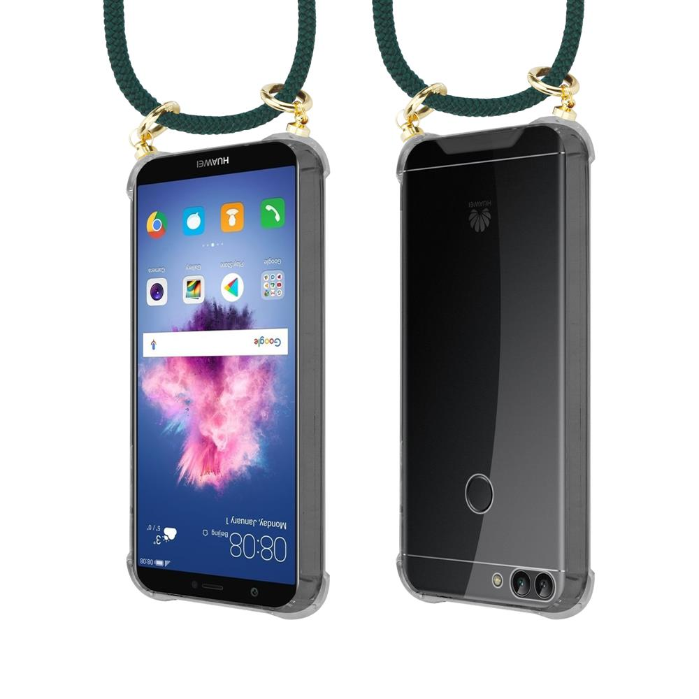 Due smartphone Huawei con cinturino da collo, viste frontale e posteriore.