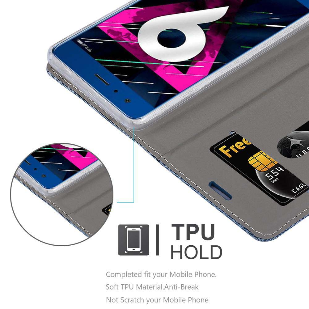 Custodia grigia per telefono con slot per carte, telefono all'interno.