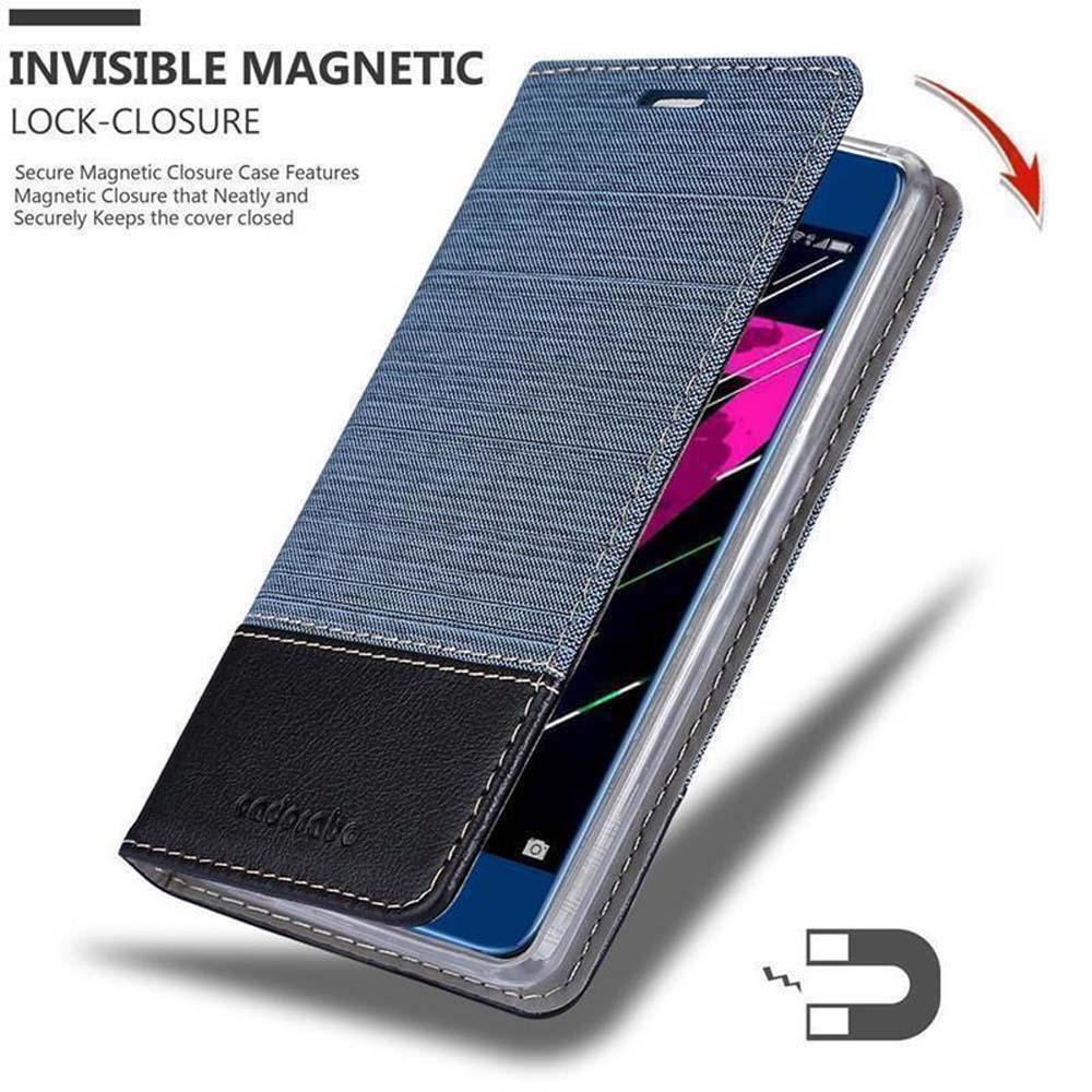 Custodia per telefono blu con inserto nero e chiusura magnetica.