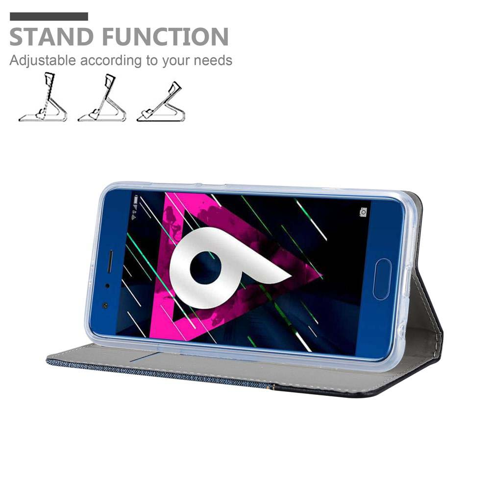 Telefono in custodia blu con logo stilizzato 9 sullo schermo. Funzione supporto mostrata sopra.