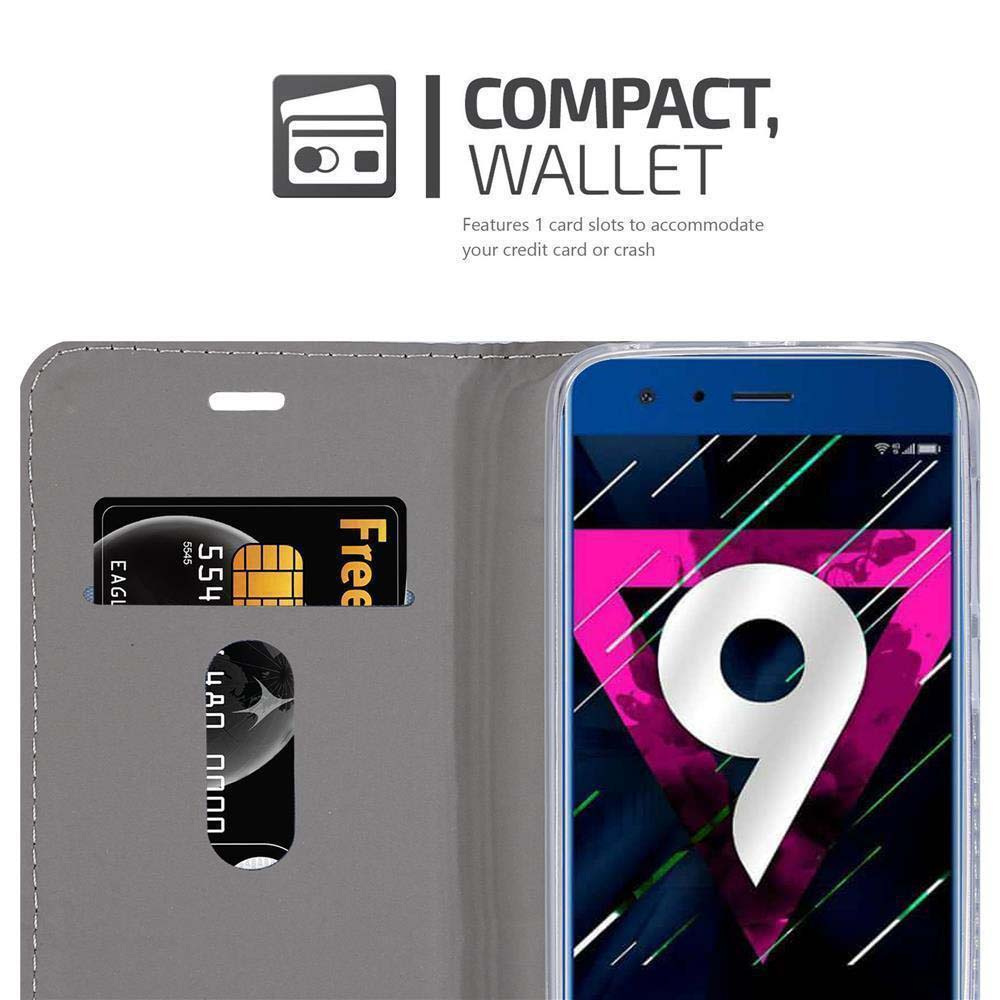 Custodia a portafoglio grigia con telefono che mostra una grande grafica "9". Uno slot per carte visibile.
