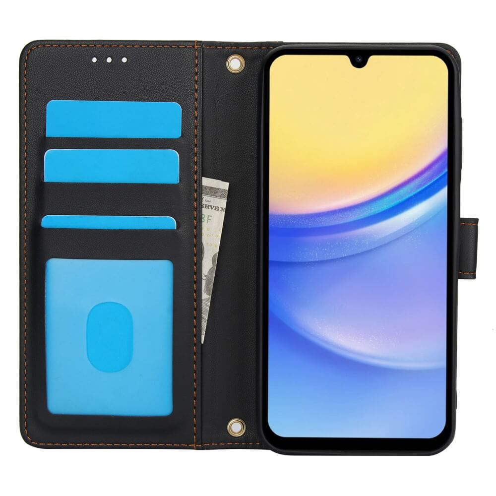 Custodia a libro nera con slot per carte blu e scomparto banconote.