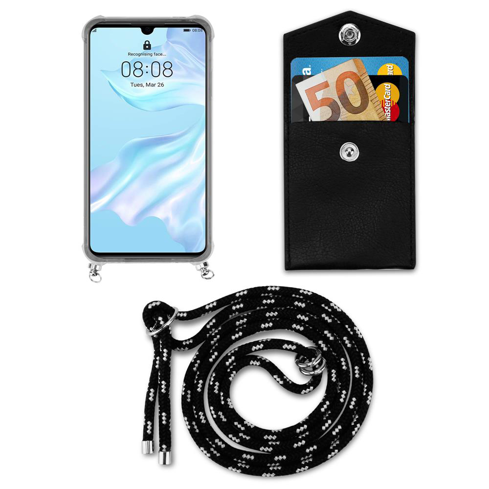 Uno smartphone con un portamonete e un cordino su sfondo bianco.