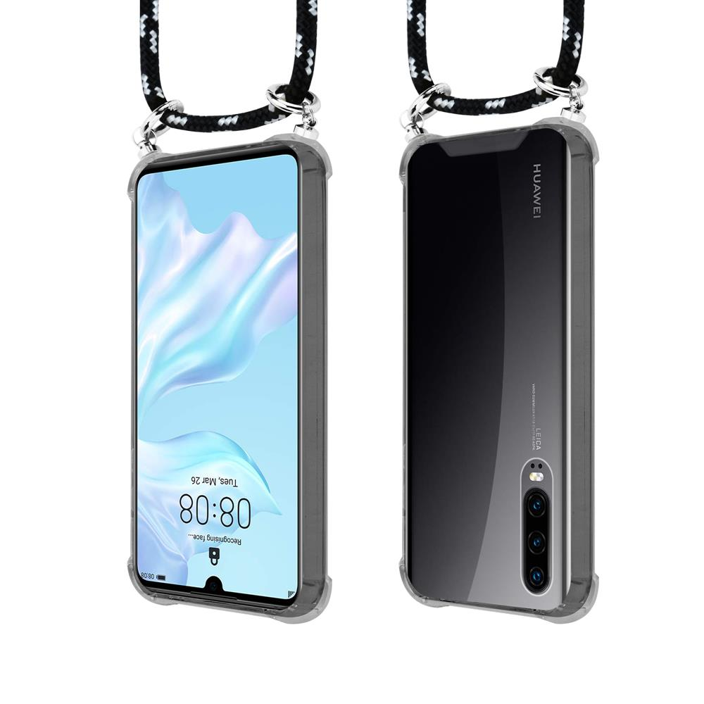 Due smartphone Huawei in custodie trasparenti, con cordini per il trasporto.