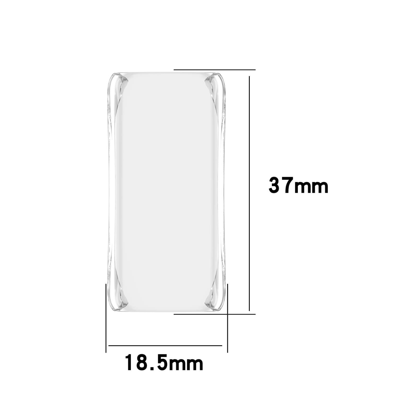 Ein transparentes Objekt mit den Maßen 37mm x 18,5mm.