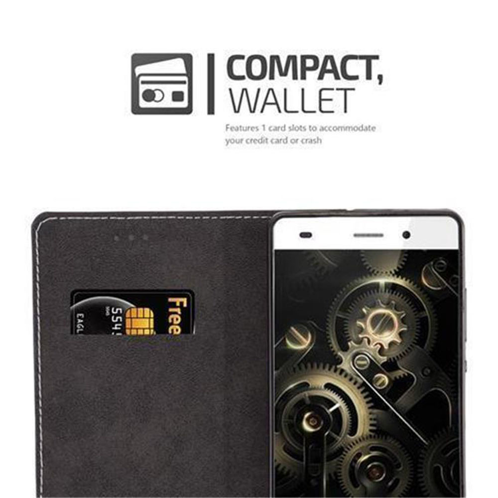 Un telefono nero con una carta nello slot su una custodia a portafoglio.