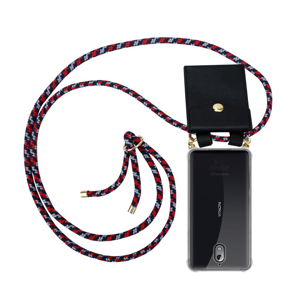 Handyhülle mit schwarzer Ledertasche und einem rot-blau-grau gemusterten Band.