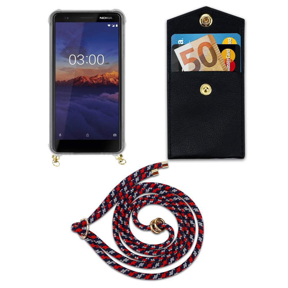 Nokia-Handy mit schwarzer Brieftasche und Kordel auf weißem Hintergrund.