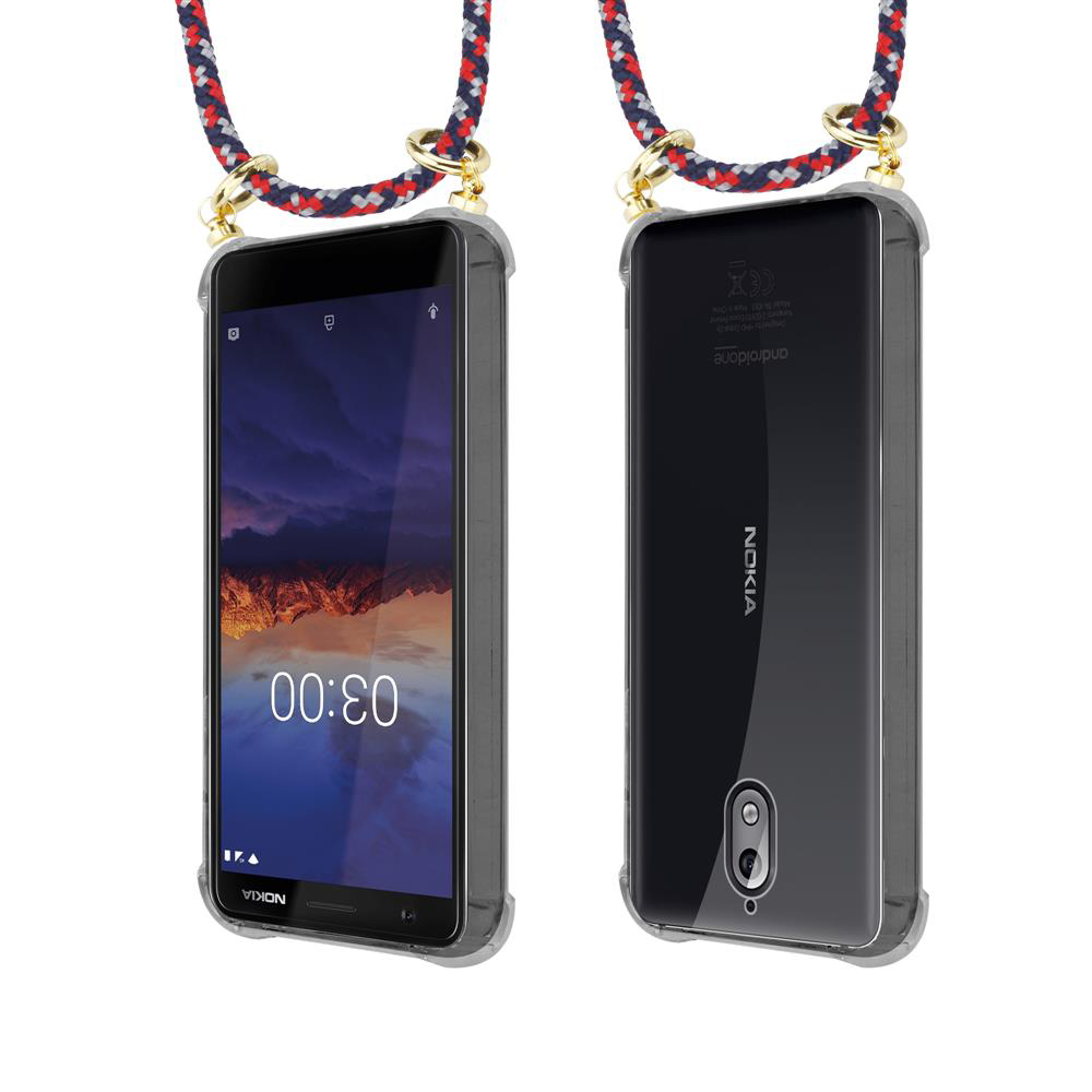 Ein Smartphone mit einer transparenten Hülle und einer Halskette.