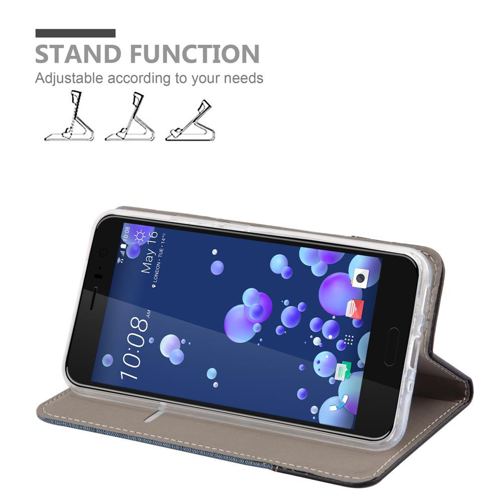 Uno smartphone in una custodia con funzione di supporto, che mostra tre angoli.