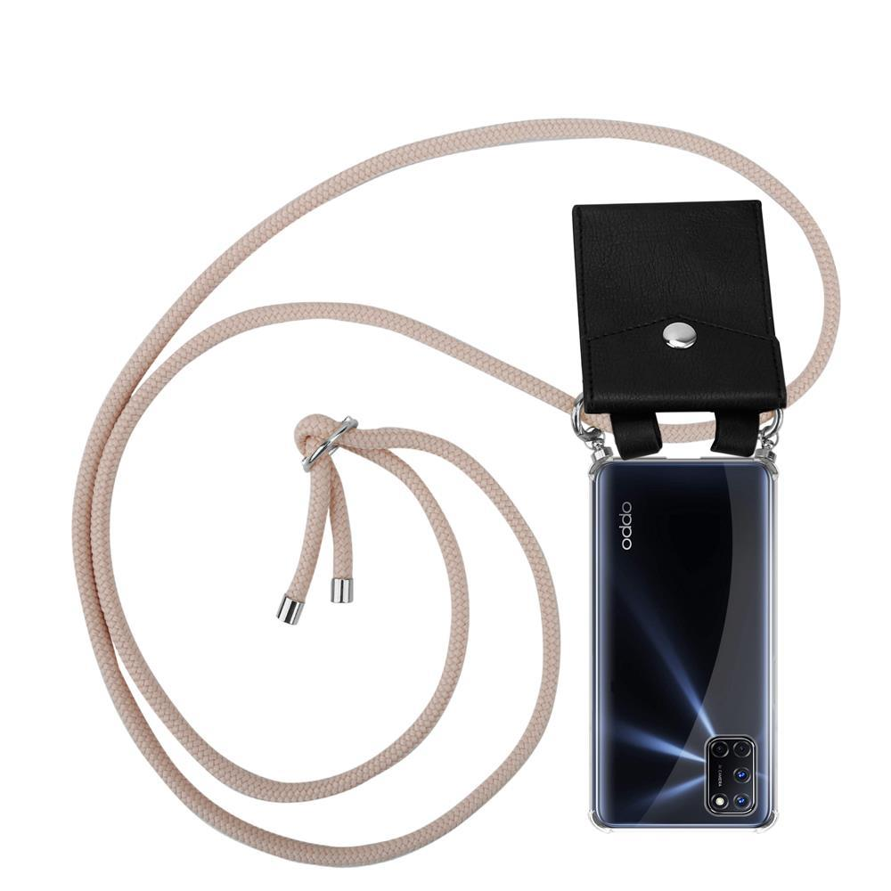 Schwarze Handyhülle mit Band und OPPO Smartphone.