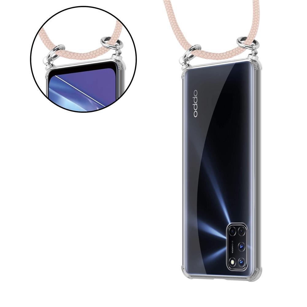 Ein Smartphone mit einer transparenten Hülle und einem Band.