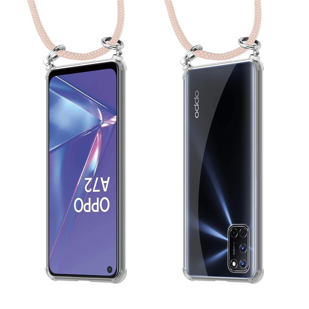 Vorder- und Rückseite eines OPPO A72 Handys in Hülle mit Lanyard.