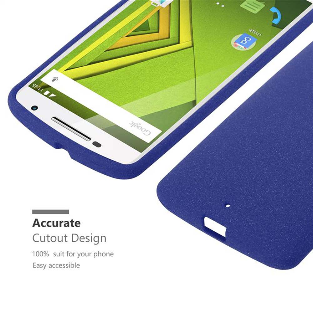 Una custodia blu per telefono è mostrata accanto a uno smartphone che visualizza la barra di ricerca Google.