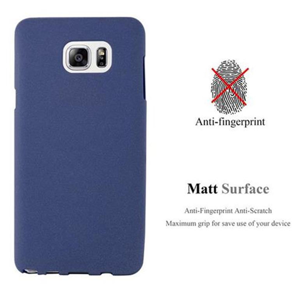 Funda azul oscuro para teléfono con recorte de cámara e icono anti huellas.