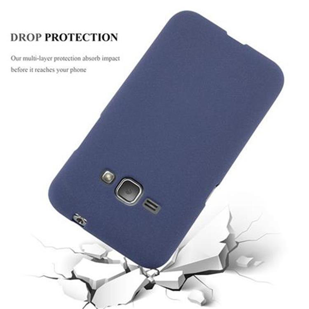 Custodia blu scuro su terreno incrinato, con testo "Drop Protection".