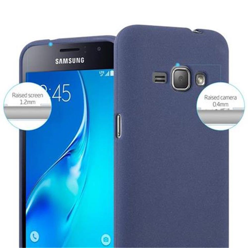 Telefono Samsung blu scuro con custodia. L'immagine mostra schermo e fotocamera rialzati.