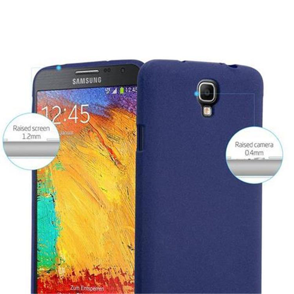 Una cover blu copre un telefono Samsung con uno sfondo colorato.
