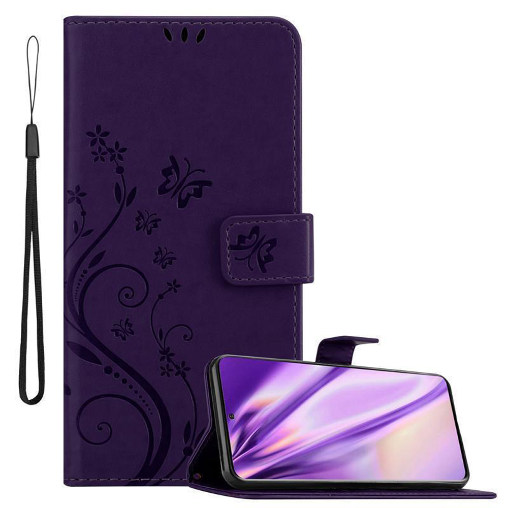 Lila Handyhülle mit Blumen- und Schmetterlingsmuster, neben einem Smartphone.